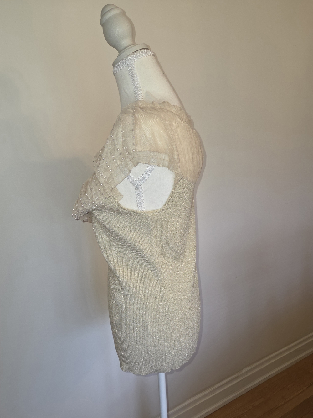 Cable & Gauge Champagne Sparkle Sheer-Yoke Short Sleeve Top - Picture 6 of 11